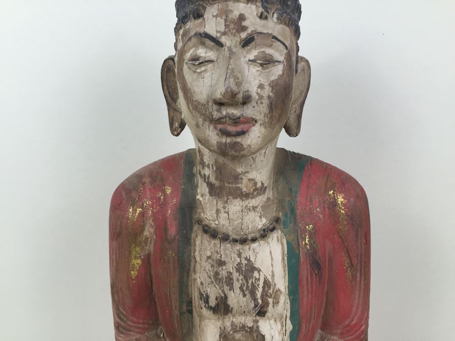 Large Vintage Thai Wood Carved Painted Statue [Photo 4]