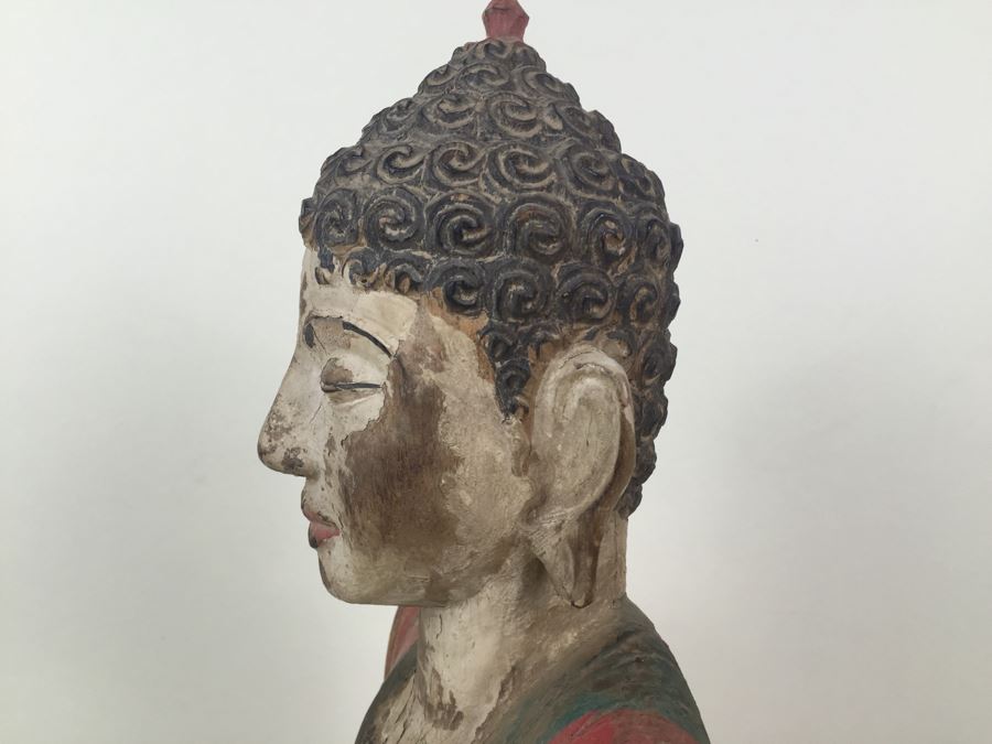 Large Vintage Thai Wood Carved Painted Statue [Photo 8]