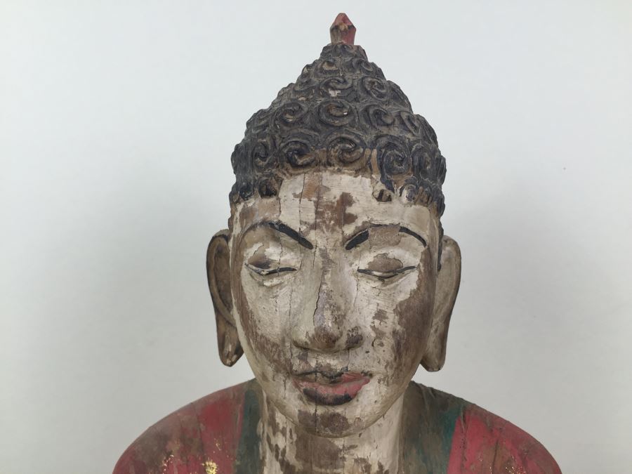 Large Vintage Thai Wood Carved Painted Statue [Photo 2]