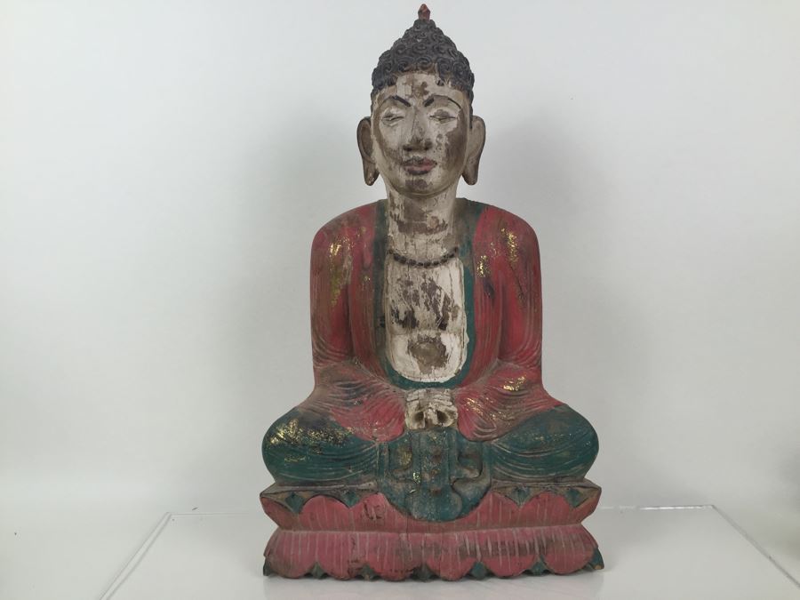 Large Vintage Thai Wood Carved Painted Statue [Photo 5]