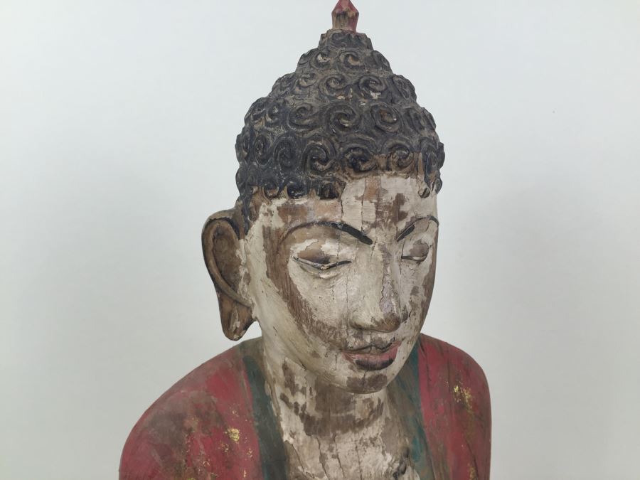 Large Vintage Thai Wood Carved Painted Statue [Photo 14]