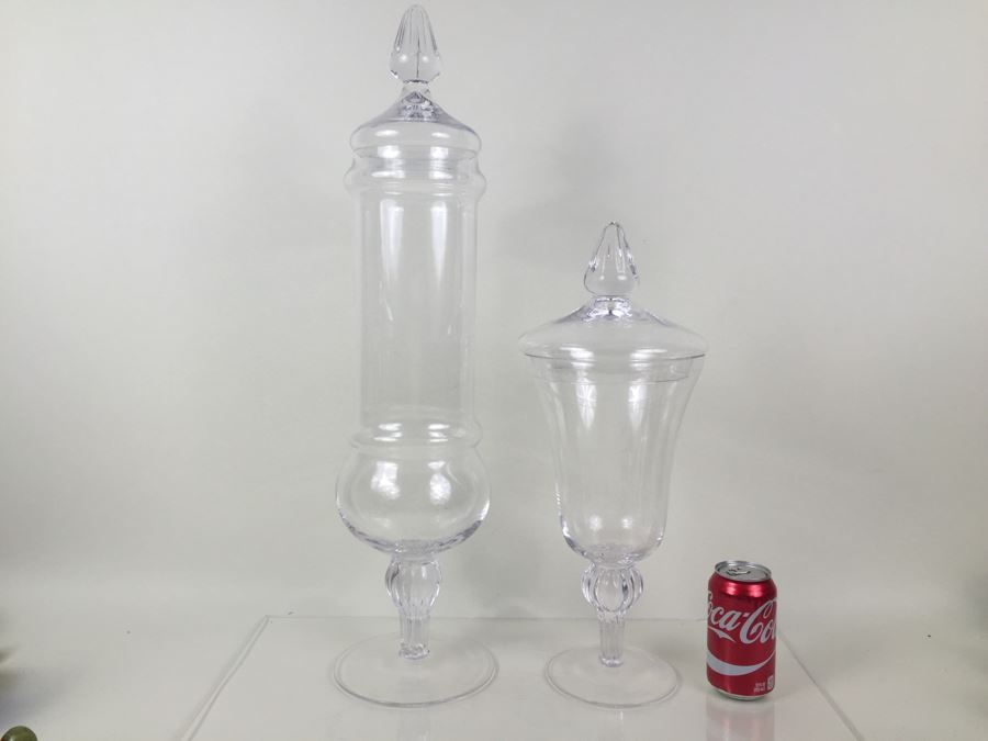 Pair Of Very Tall Footed Glass Vessels With Lids Made In Poland