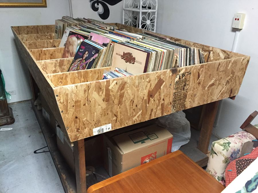 Large Record Browser Bin On Casters With Lower Shelf And 33RPM And 45RPM Records