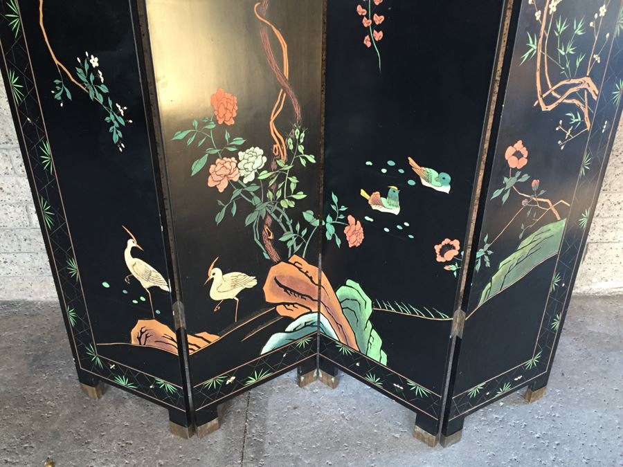 Nice Four Panel Chinese Heavy Wood Screen Ornately Decorated With Birds And Trees [Photo 12]