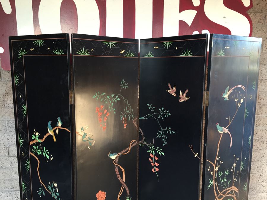 Nice Four Panel Chinese Heavy Wood Screen Ornately Decorated With Birds And Trees [Photo 14]