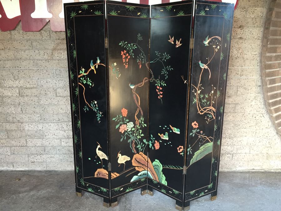 Nice Four Panel Chinese Heavy Wood Screen Ornately Decorated With Birds And Trees [Photo 3]