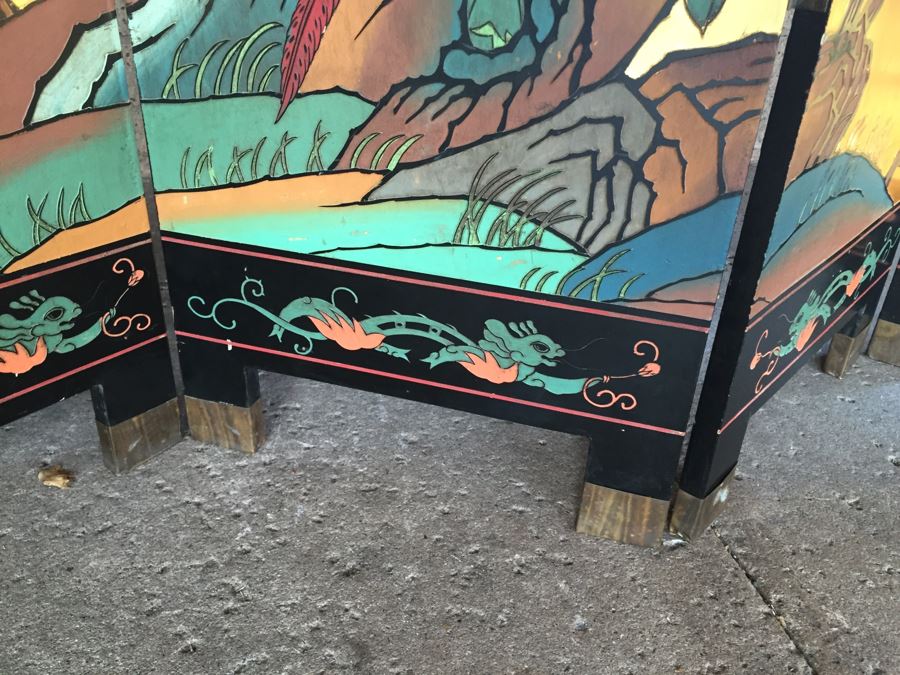 Nice Four Panel Chinese Heavy Wood Screen Ornately Decorated With Birds And Trees [Photo 7]