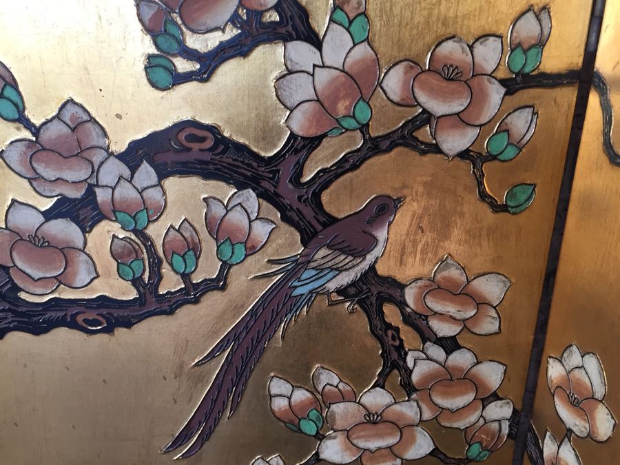 Nice Four Panel Chinese Heavy Wood Screen Ornately Decorated With Birds And Trees [Photo 10]
