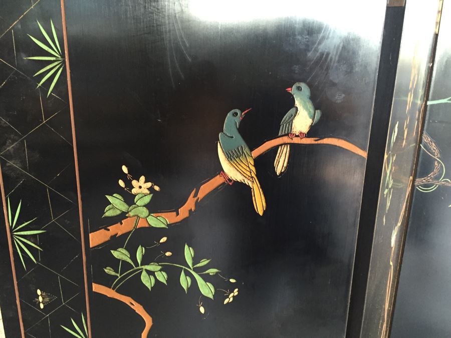 Nice Four Panel Chinese Heavy Wood Screen Ornately Decorated With Birds And Trees [Photo 15]