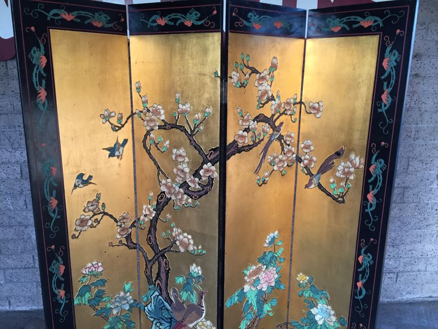 Nice Four Panel Chinese Heavy Wood Screen Ornately Decorated With Birds And Trees [Photo 5]