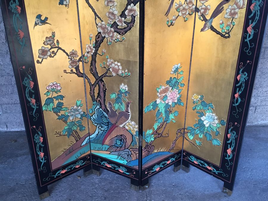 Nice Four Panel Chinese Heavy Wood Screen Ornately Decorated With Birds And Trees [Photo 6]