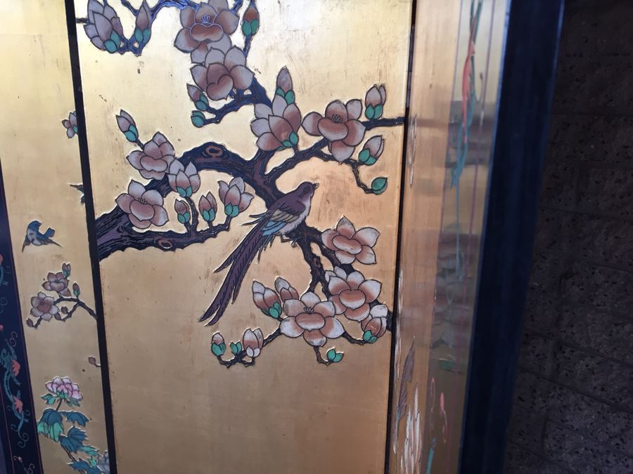 Nice Four Panel Chinese Heavy Wood Screen Ornately Decorated With Birds And Trees [Photo 9]