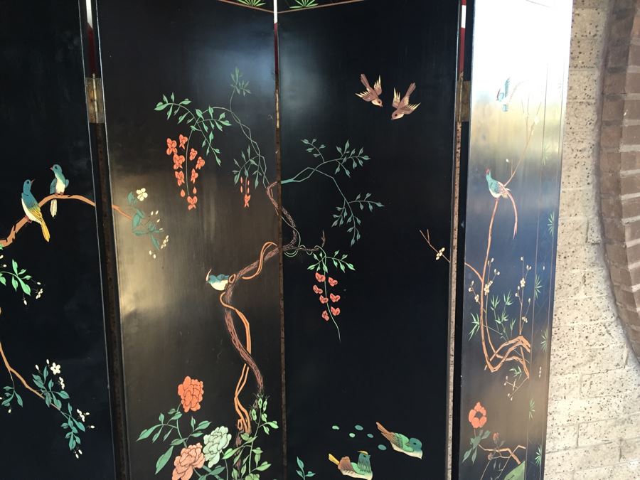 Nice Four Panel Chinese Heavy Wood Screen Ornately Decorated With Birds And Trees [Photo 17]