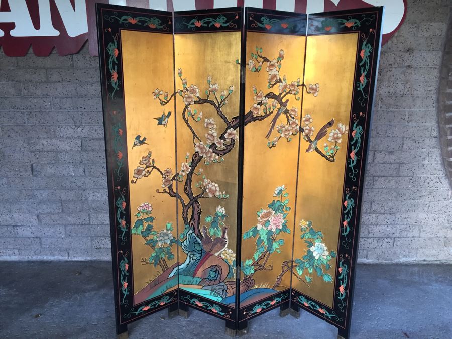 Nice Four Panel Chinese Heavy Wood Screen Ornately Decorated With Birds And Trees [Photo 1]