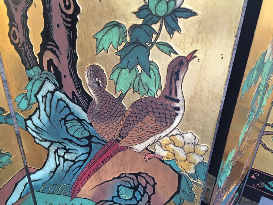 Nice Four Panel Chinese Heavy Wood Screen Ornately Decorated With Birds And Trees [Photo 2]