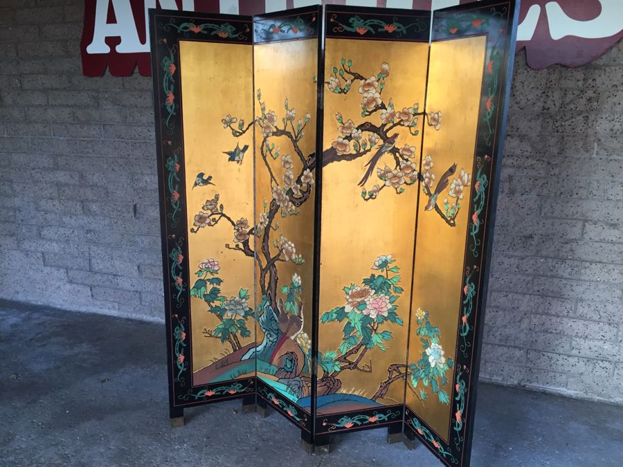 Nice Four Panel Chinese Heavy Wood Screen Ornately Decorated With Birds And Trees [Photo 8]