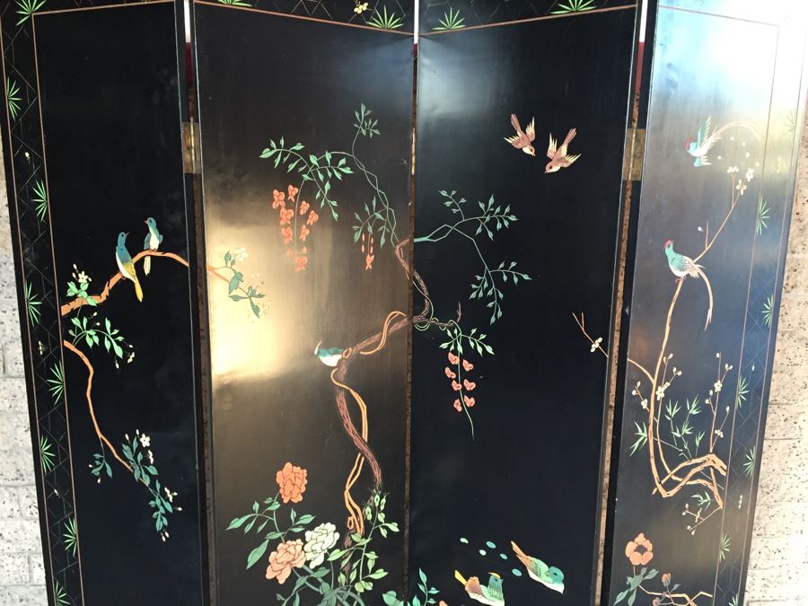 Nice Four Panel Chinese Heavy Wood Screen Ornately Decorated With Birds And Trees [Photo 13]