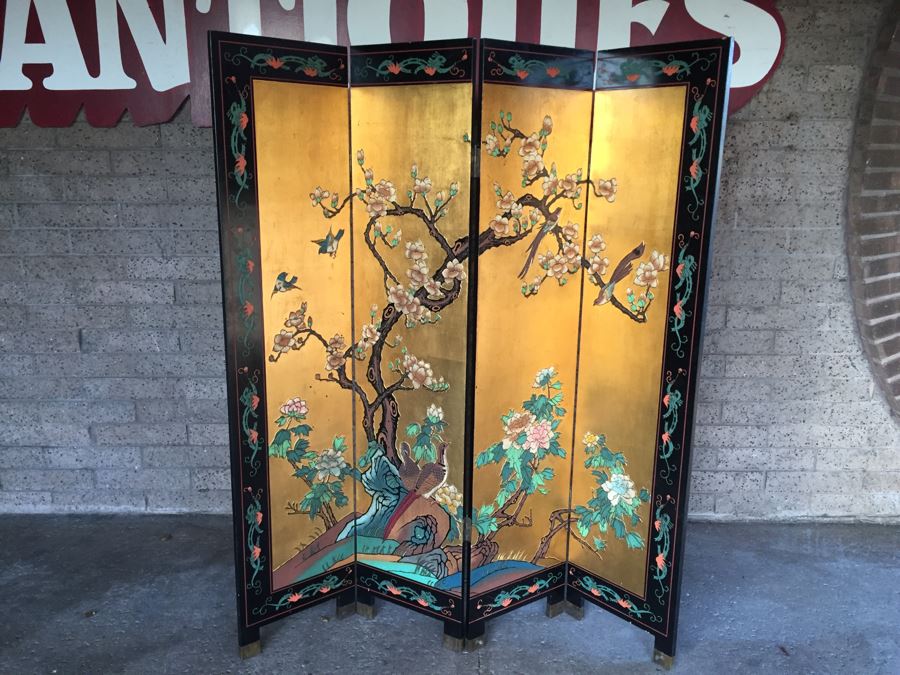Nice Four Panel Chinese Heavy Wood Screen Ornately Decorated With Birds And Trees [Photo 4]