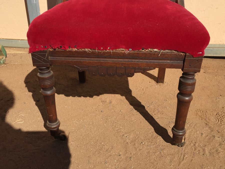 Antique Wooden Chair With Casters Needs Reupholstering   16394 C59b 