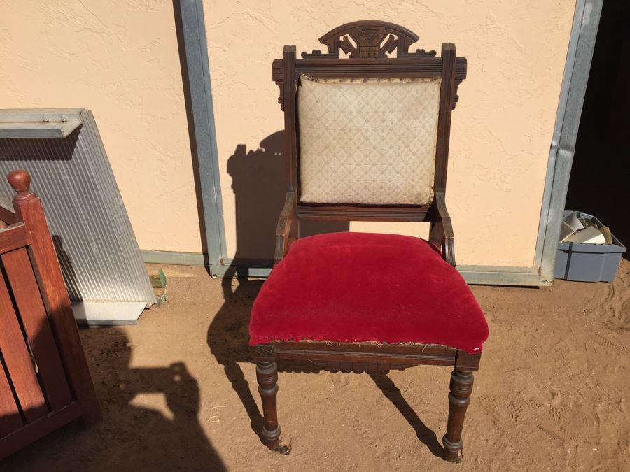 Antique Wooden Chair With Casters Needs Reupholstering  [Photo 1]