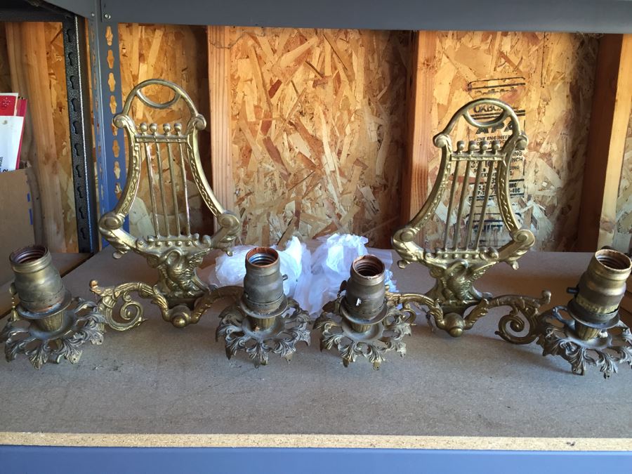 Pair Of Beautiful Brass Sconces With Harp And Swan And Crystals (Not Attached But Included)