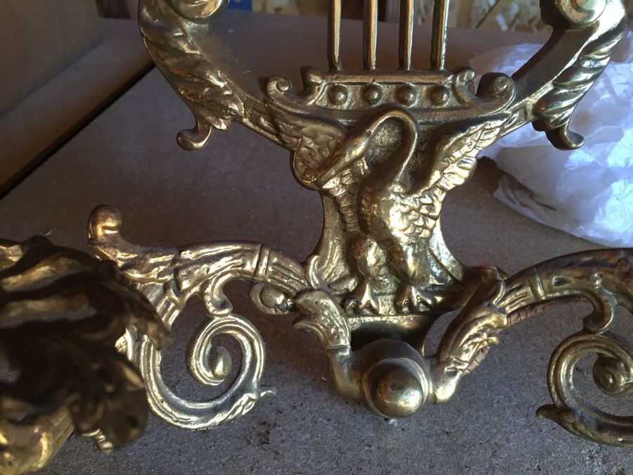 Pair Of Beautiful Brass Sconces With Harp And Swan And Crystals (Not Attached But Included) [Photo 3]