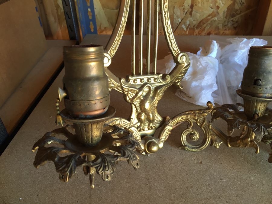 Pair Of Beautiful Brass Sconces With Harp And Swan And Crystals (Not Attached But Included) [Photo 4]