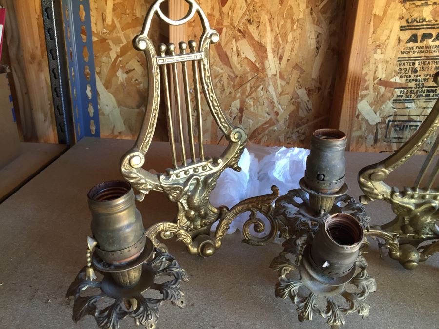 Pair Of Beautiful Brass Sconces With Harp And Swan And Crystals (Not Attached But Included) [Photo 6]