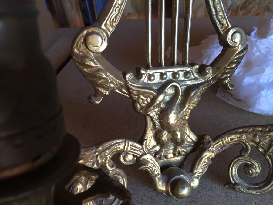 Pair Of Beautiful Brass Sconces With Harp And Swan And Crystals (Not Attached But Included) [Photo 5]