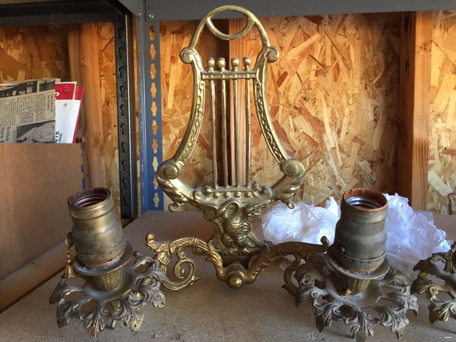 Pair Of Beautiful Brass Sconces With Harp And Swan And Crystals (Not Attached But Included) [Photo 2]