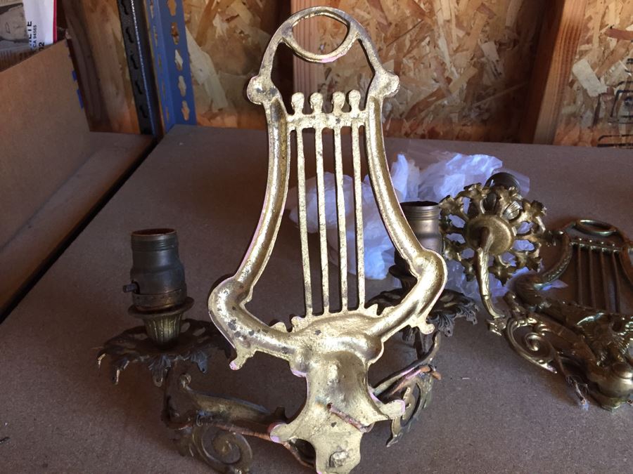 Pair Of Beautiful Brass Sconces With Harp And Swan And Crystals (Not Attached But Included) [Photo 8]