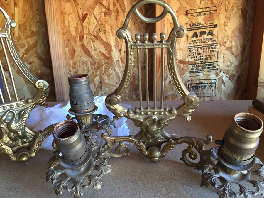 Pair Of Beautiful Brass Sconces With Harp And Swan And Crystals (Not Attached But Included) [Photo 7]