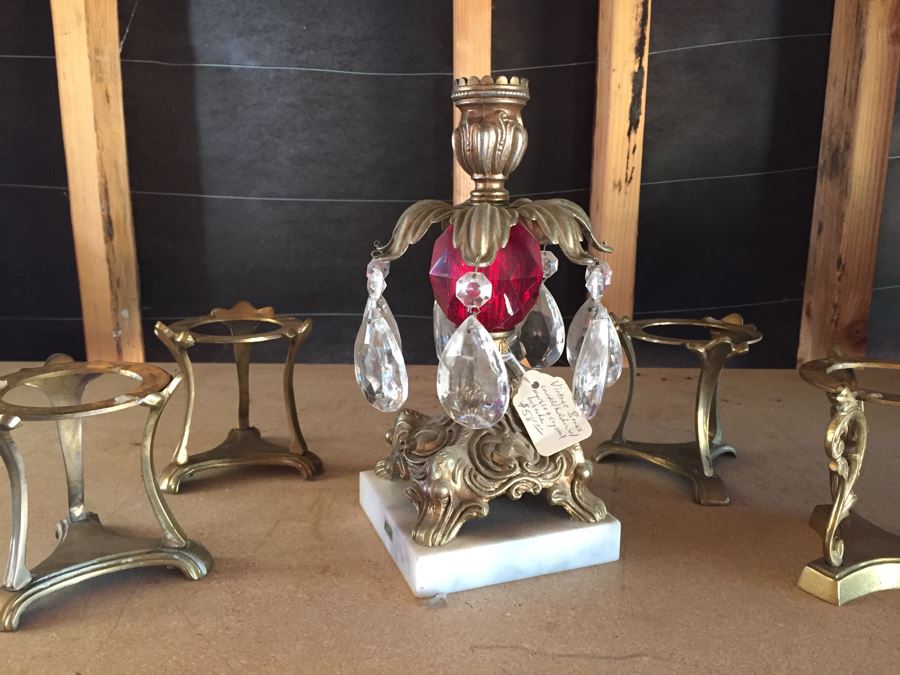 Vintage Brass Crystal Candleholder And Four Brass Candleholders [Photo 5]