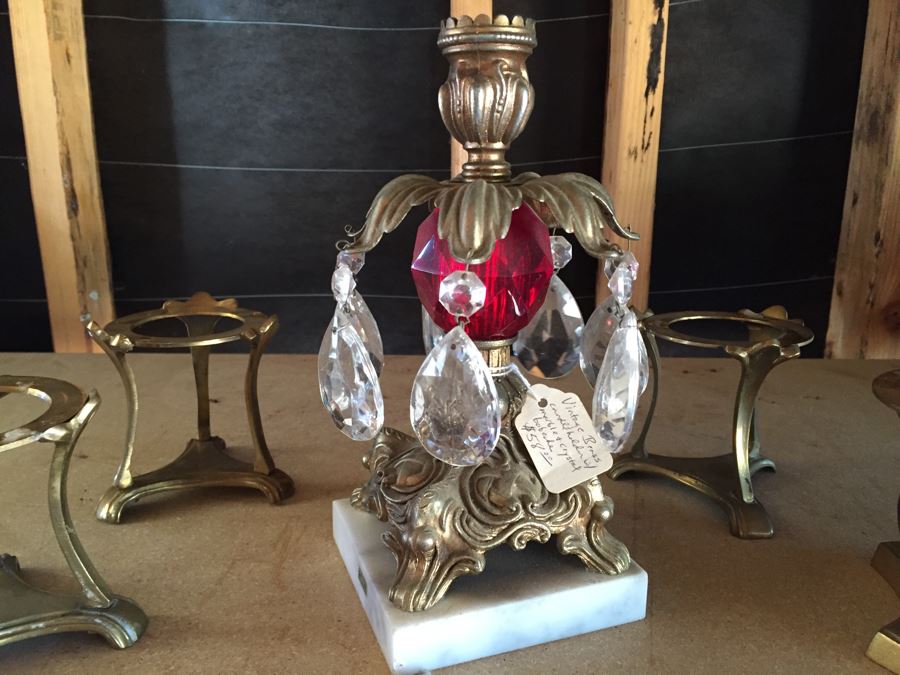 Vintage Brass Crystal Candleholder And Four Brass Candleholders [Photo 2]