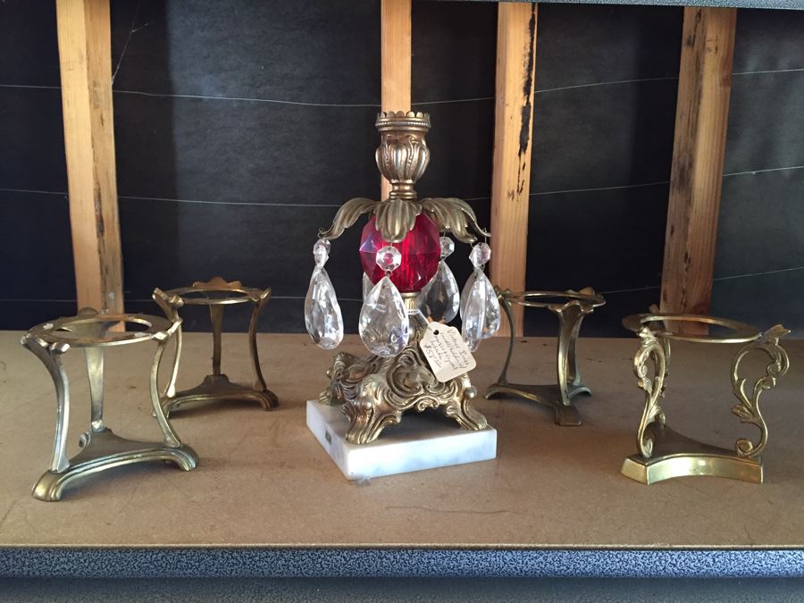 Vintage Brass Crystal Candleholder And Four Brass Candleholders