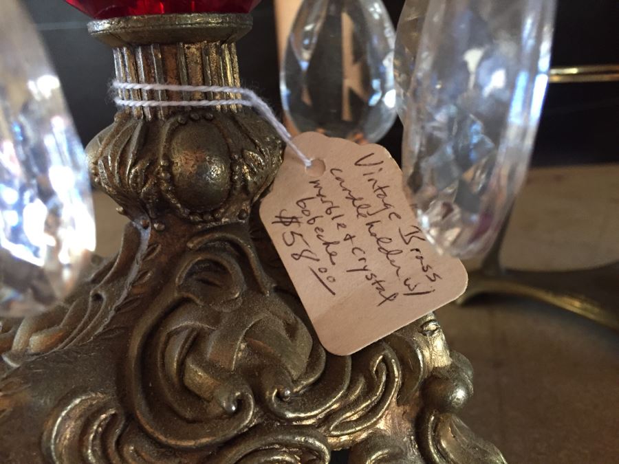 Vintage Brass Crystal Candleholder And Four Brass Candleholders [Photo 4]