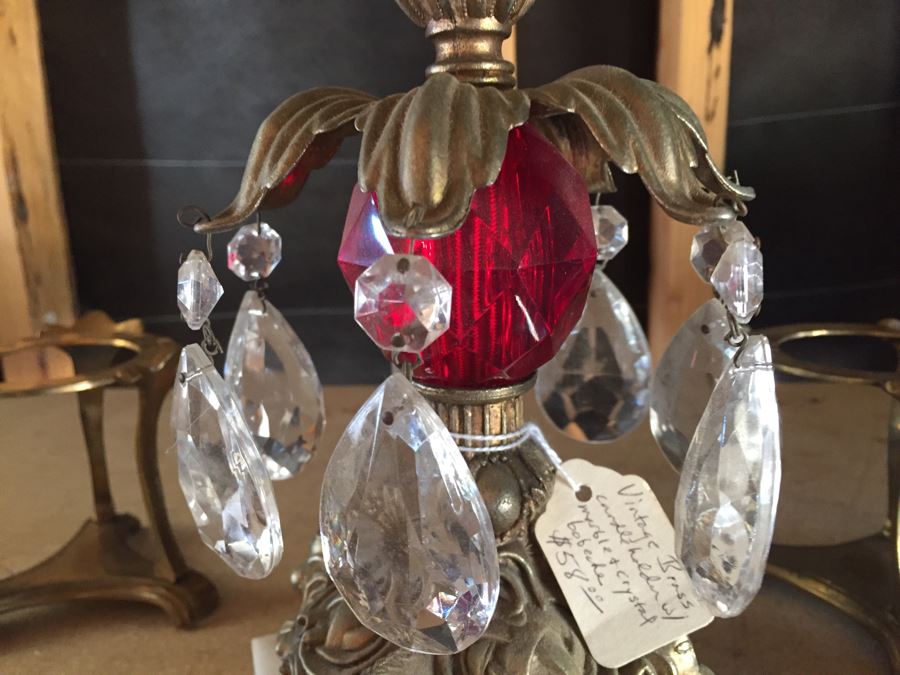 Vintage Brass Crystal Candleholder And Four Brass Candleholders [Photo 3]