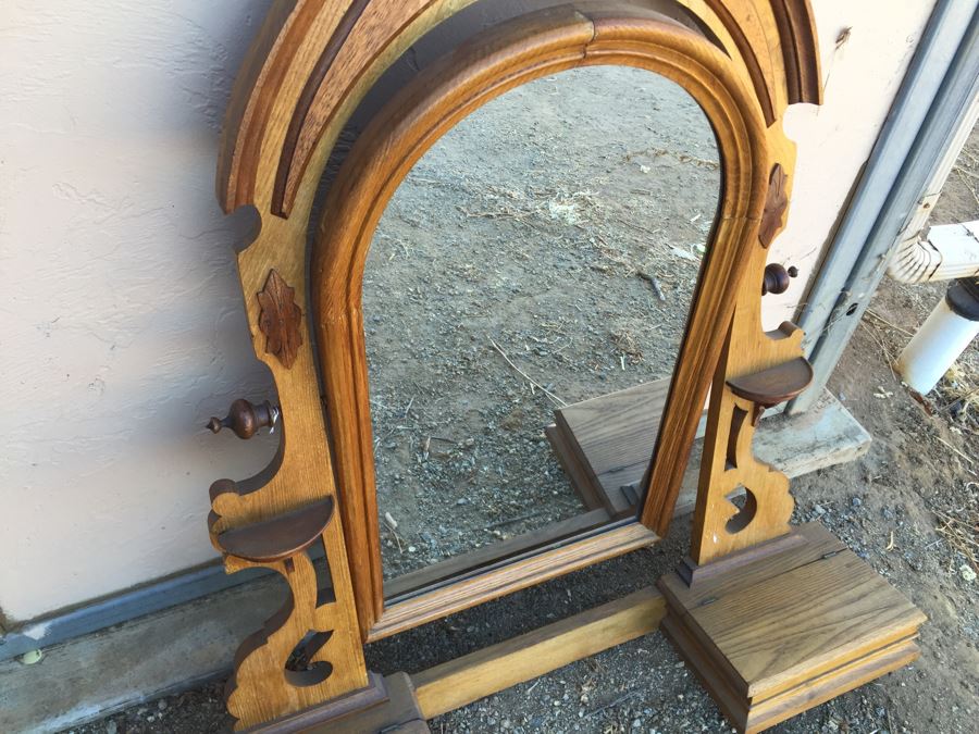 Stunning Vintage Swivel Wood Carved Mirror With Dual Compartments And Built-In Shelves [Photo 7]