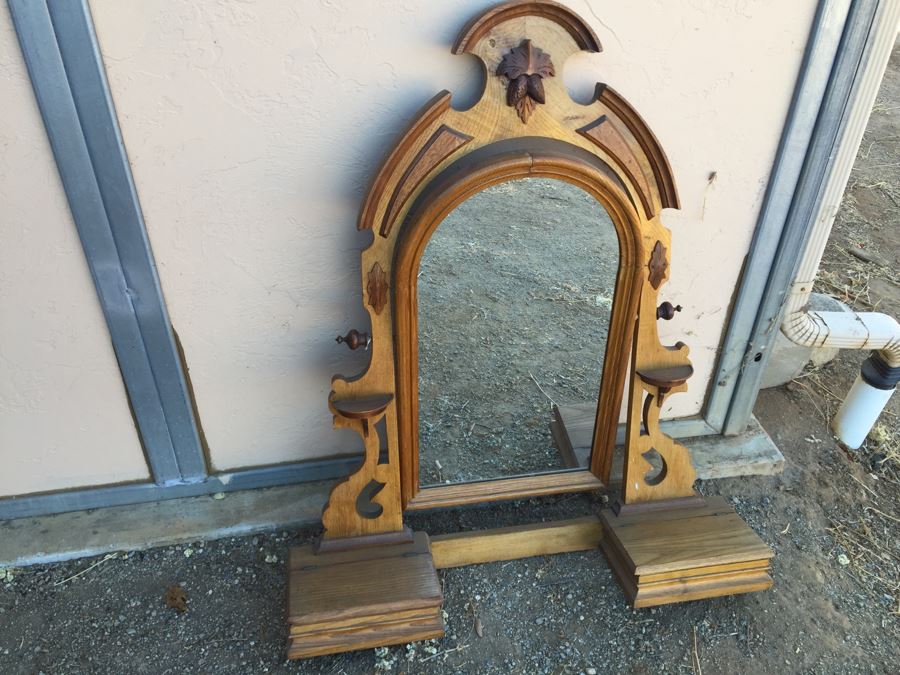 Stunning Vintage Swivel Wood Carved Mirror With Dual Compartments And Built-In Shelves