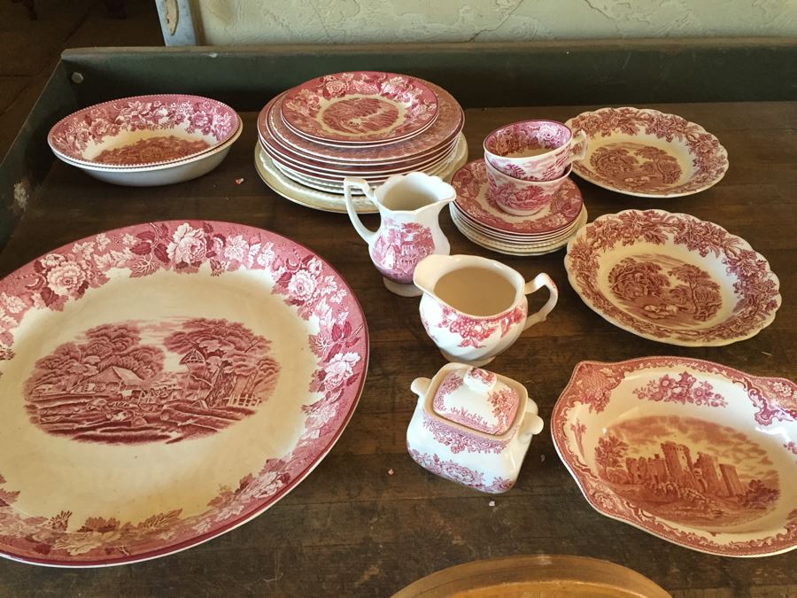 Huge Transferware Lot Of Plates, Platters, Cups, Woods Ware, Johnson Bros, John Maddock & Sons, More
