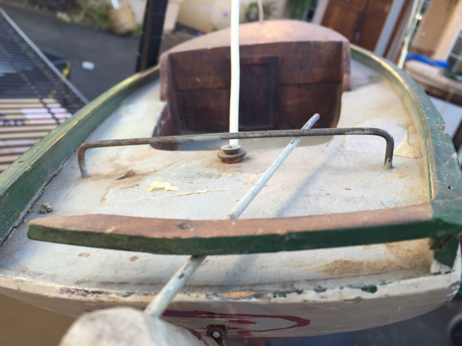 Heavy Wooden Sailing Boat Ship Model With Rudder (Missing Mast) Has Hire To Hang From Ceiling [Photo 17]