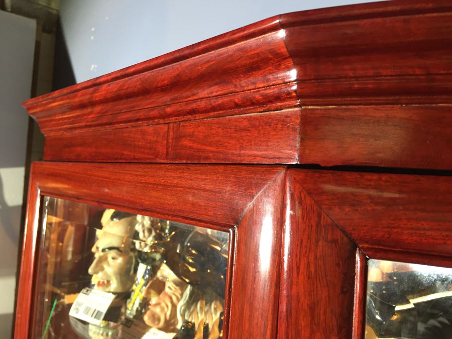 Stunning Rosewood Display Curio Cabinet With Back Mirror Lighted And Thick Glass Shelves (Left Cabinet) [Photo 8]