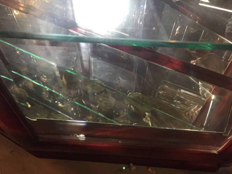 Stunning Rosewood Display Curio Cabinet With Back Mirror Lighted And Thick Glass Shelves (Middle Cabinet) [Photo 11]