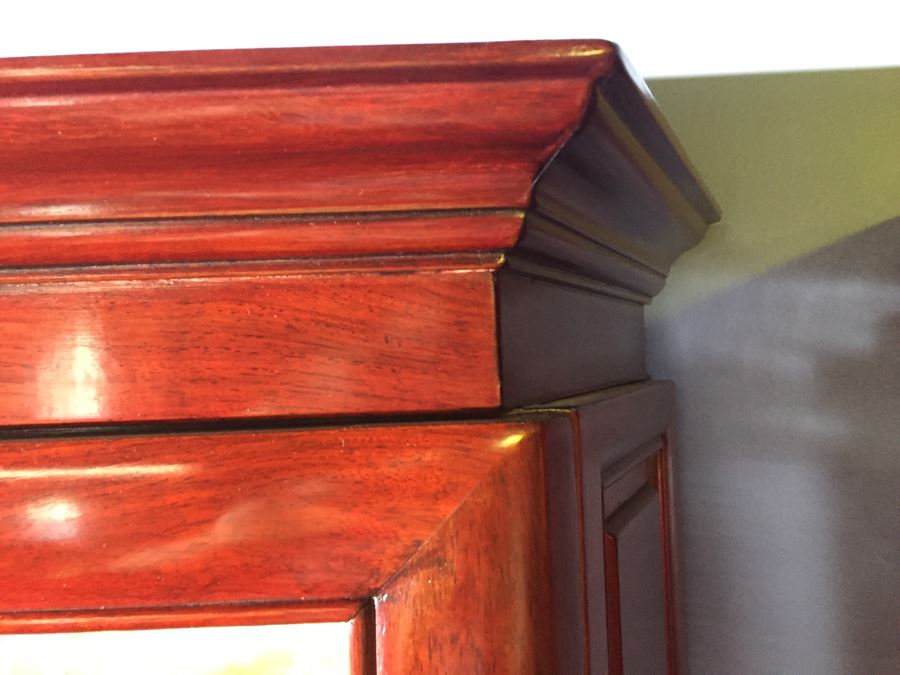 Stunning Rosewood Display Curio Cabinet With Back Mirror Lighted And Thick Glass Shelves (Middle Cabinet) [Photo 6]