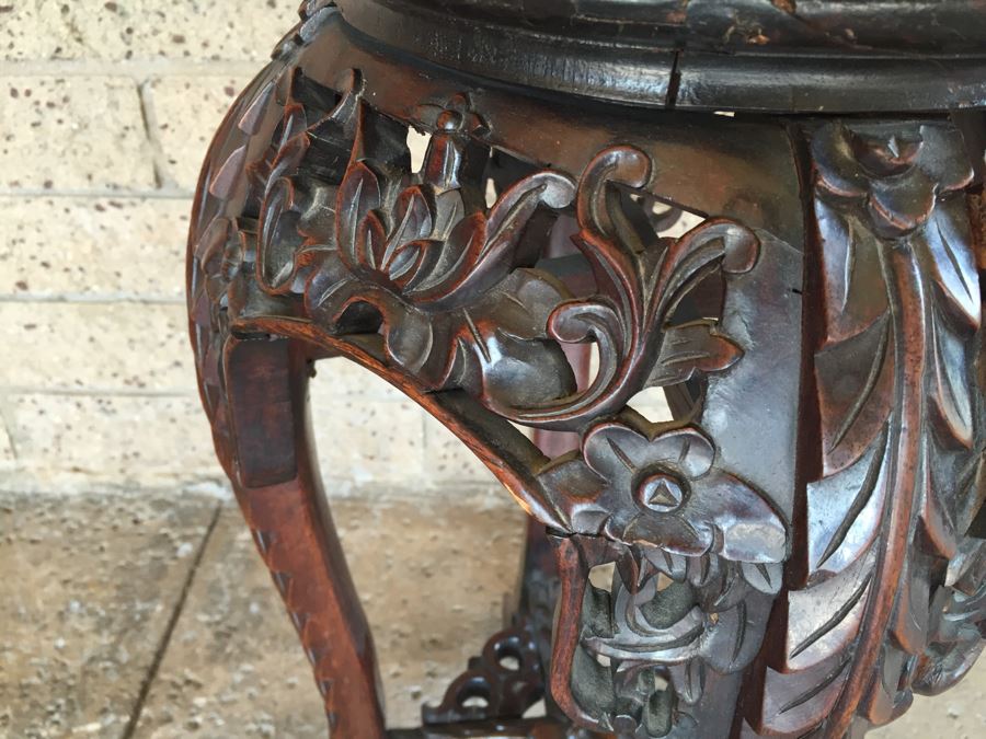 Beautiful Hand Carved Chinese Fern Stand With Marble Top [Photo 5]
