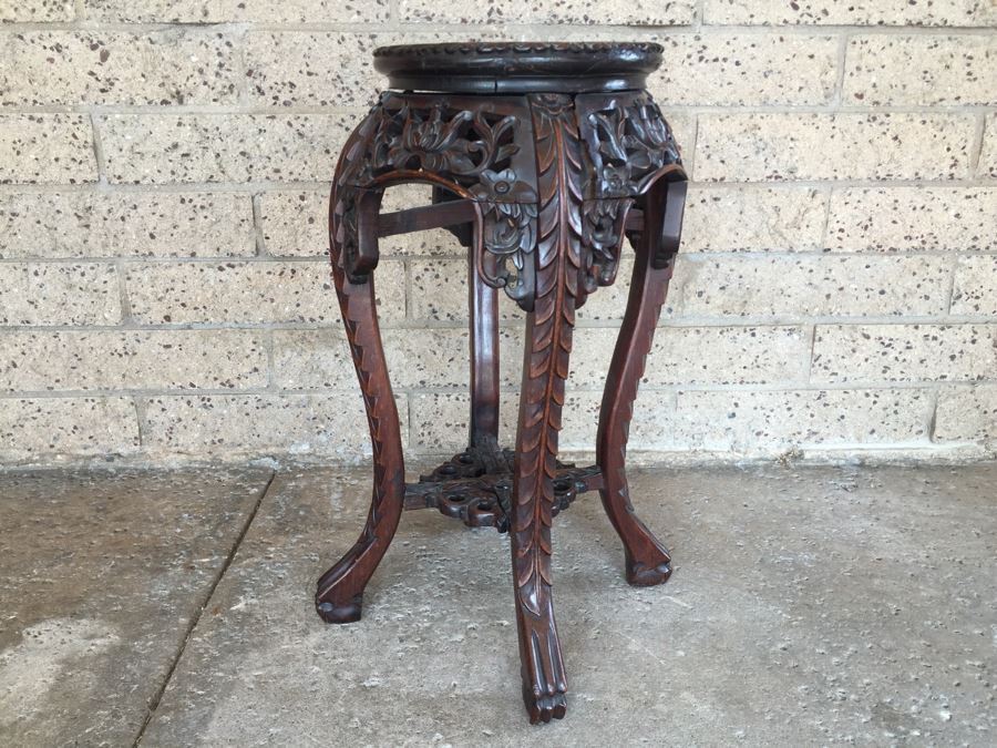 Beautiful Hand Carved Chinese Fern Stand With Marble Top