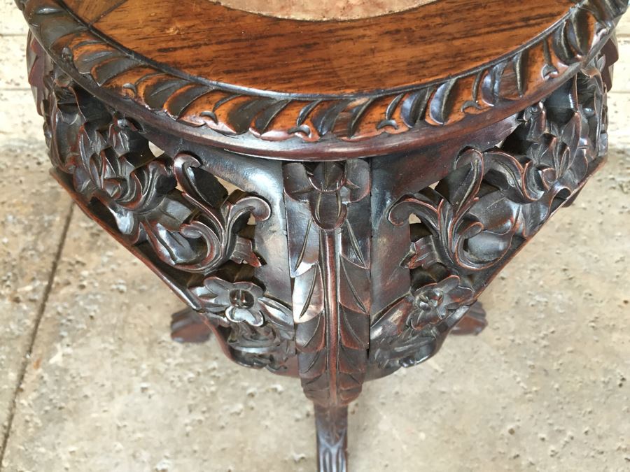Beautiful Hand Carved Chinese Fern Stand With Marble Top [Photo 10]