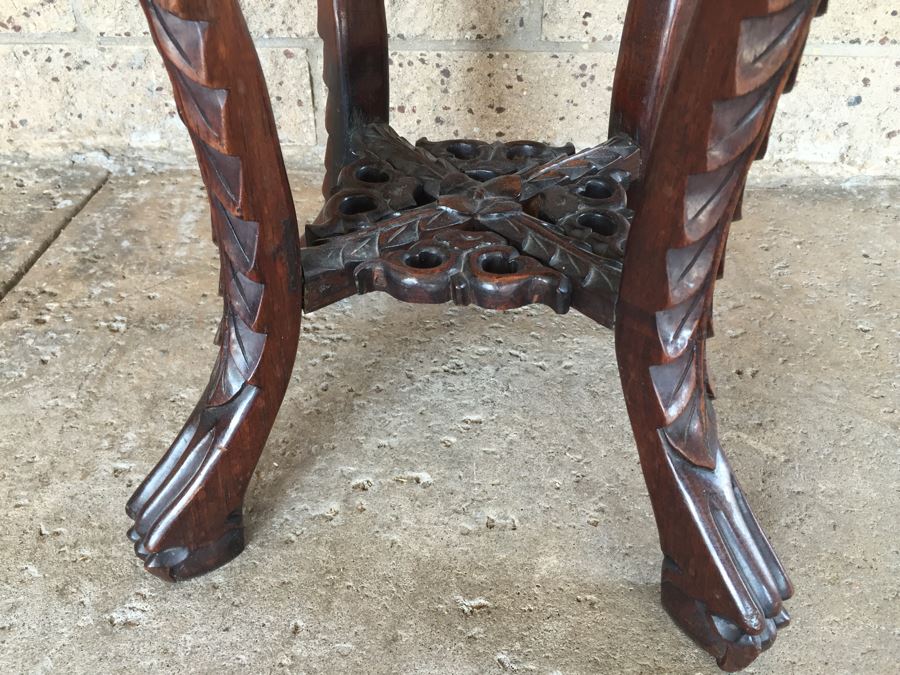 Beautiful Hand Carved Chinese Fern Stand With Marble Top [Photo 7]
