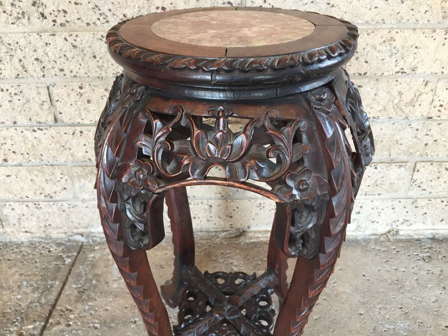 Beautiful Hand Carved Chinese Fern Stand With Marble Top [Photo 2]