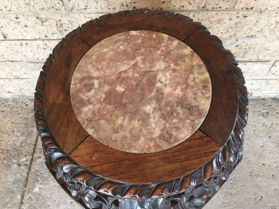 Beautiful Hand Carved Chinese Fern Stand With Marble Top [Photo 9]